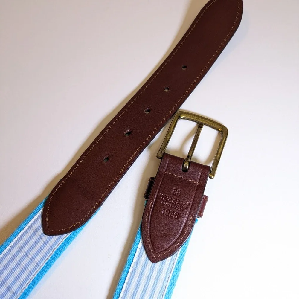 Southern Tide Skipjack Fish Belt Mens 38 Aqua Blue Canvas Leather Preppy Coastal
